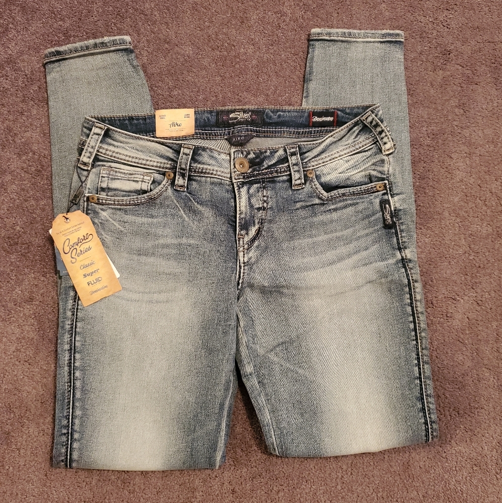 Silver Aiko Mid Rise Super Skinny Jeans